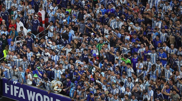 Supporters of Argentina cheer in the stands during the FIFA World Cup 2026 semifinals match England against Argentina, in Atlanta, USA, 15 July 2026.