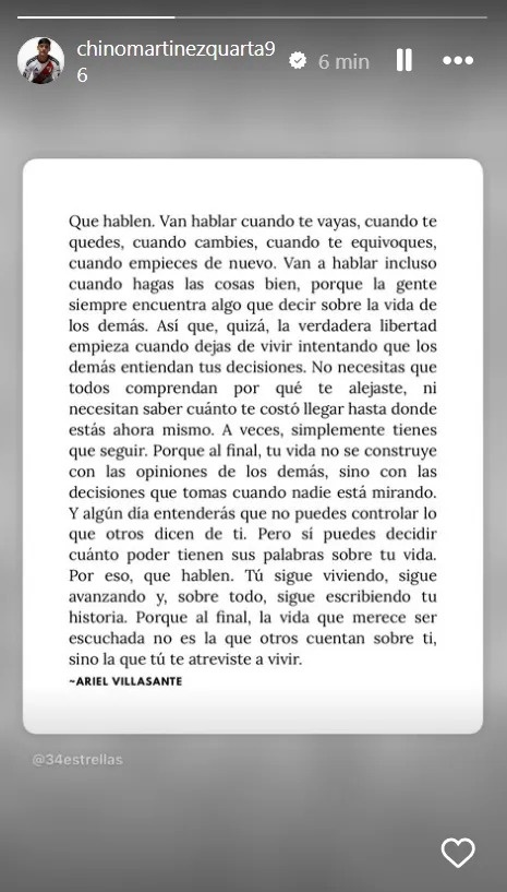 &nbsp;La historia de Instagram de Martínez Quarta 